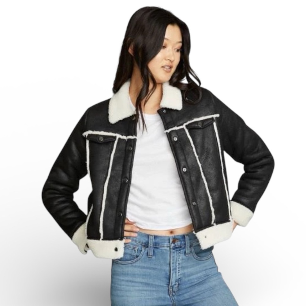 Chaser Faux Suede Shearling Trucker Jacket Black Ivory NWT Size S